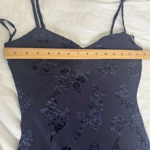 Trixxi Floral Burnout Velvet Maxi Dress M Navy Blue Asymmetrical Hem Whimsigoth - Picture 10 of 14